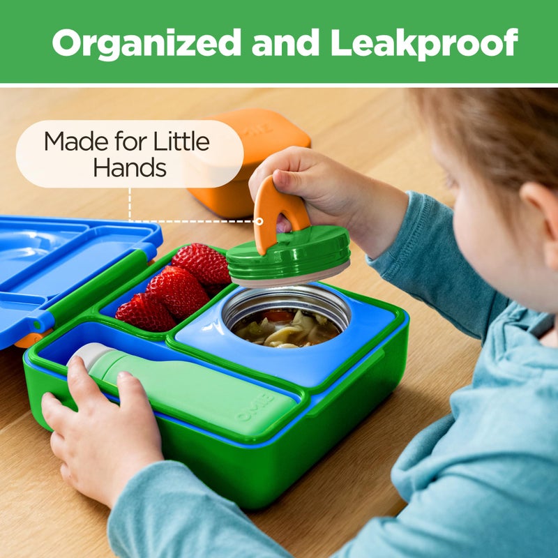 أومي صندوق طعام أومي بوكس ​​بينتو للأطفال - صندوق غداء بينتو معزول مع وعاء طعام معزول بتفريغ الهواء مانع للتسرب - 3 أقسام، منطقتان لدرجة الحرارة (أزرق الوحش) - Image 5